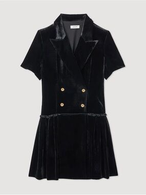 Sandro Black Velvet Short-Sleeve Double-Breasted Mini Dress with Gold Buttons